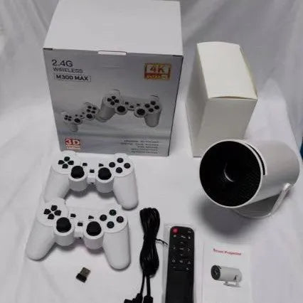 M300MAX portable projection game machine with handles in red or white packing box showing 720p HD resolution specification