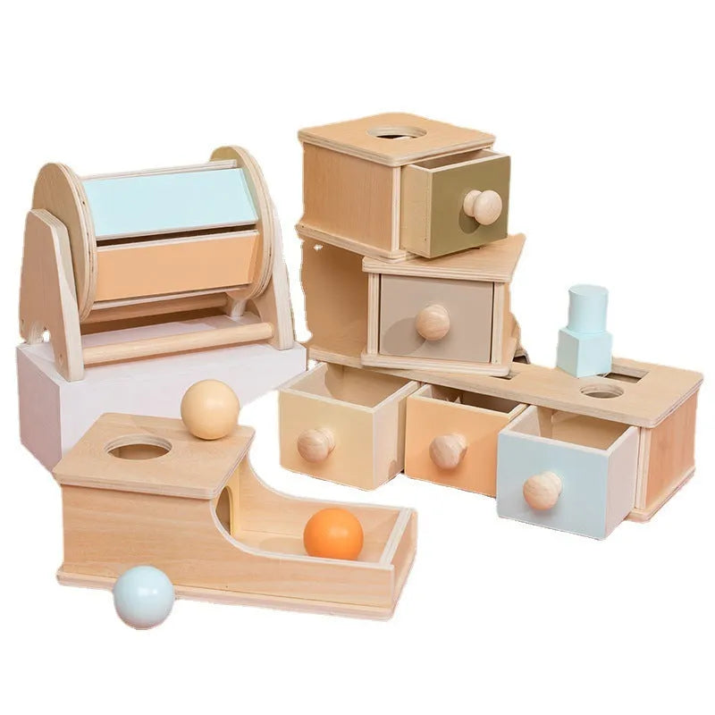 Wooden Montessori early education toy range with coin box, target box, drawer box, and colourful wooden pieces for children aged 4 to 6 years