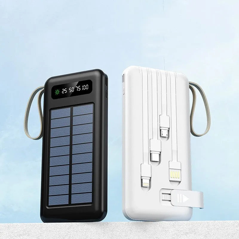 Cool black and ivory white solar power bank showing front display and solar panel.