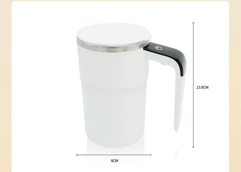 Black automatic stirring electric coffee mug with LCD temperature display and USB charging port