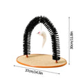 Black arch-shaped cat scratching post with anti-itch brush, non-slip base, and attached mouse toy