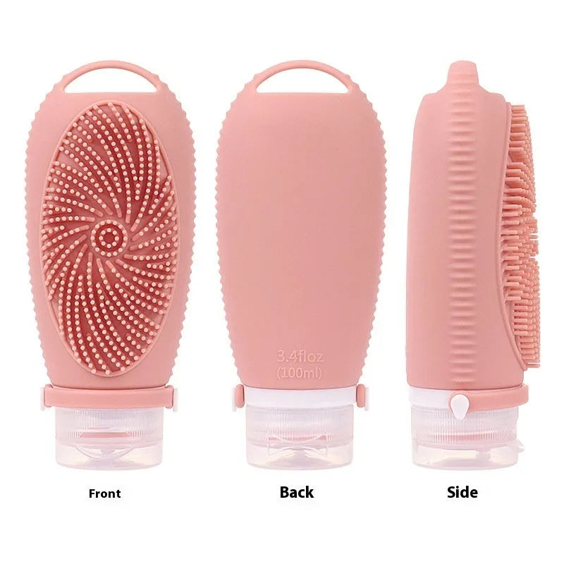 Creative silicone bath brush storage bottle in light grey colour on a bathroom shelf.