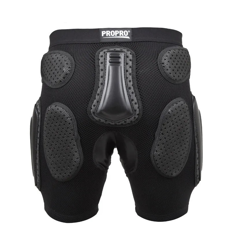 Black adult cycling protective pants with hip pads for mountain biking safety.