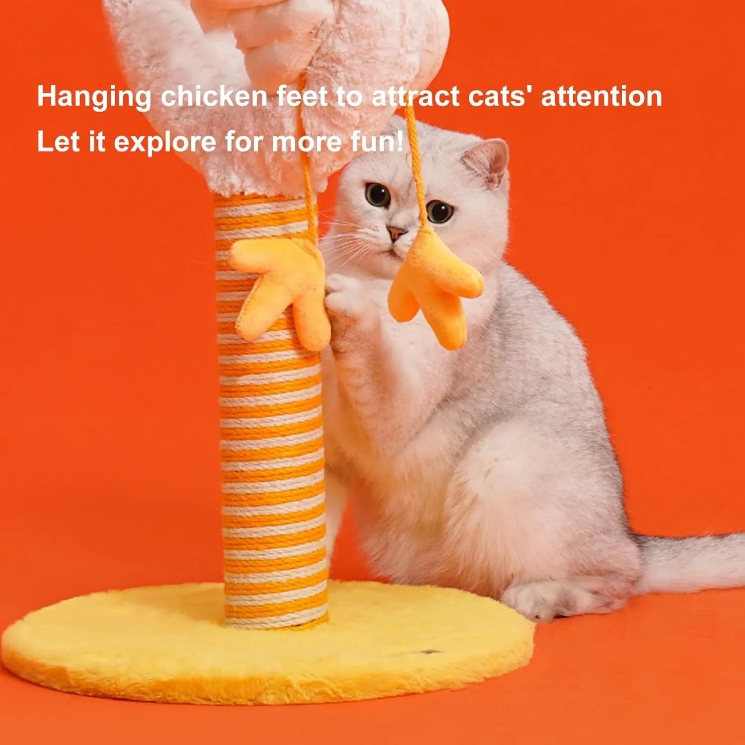 Tall yellow sisal cat scratching post with a spring ball on top and a sturdy wooden base.