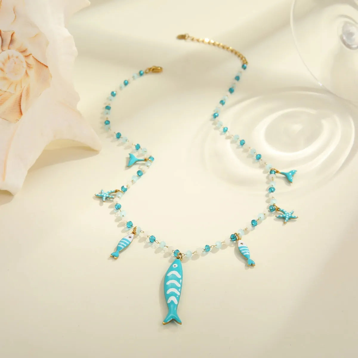 Stainless steel fish pendant necklace with colourful beads, 18K electroplated, pink or blue, 41-50cm chain