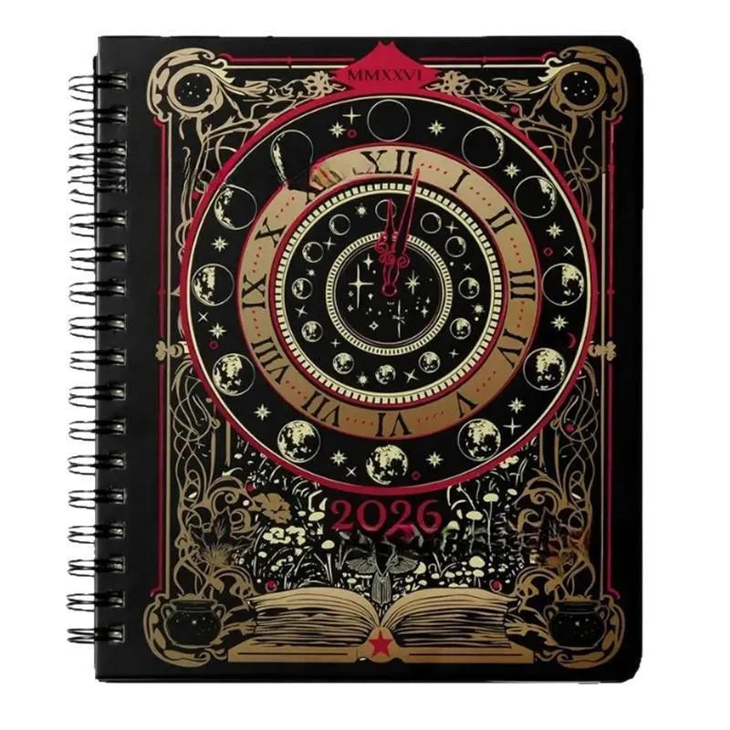 Wait For The Night 2026 weeks plan notepad with 100 pages, open to a weekly layout, next to a pen on a desk.