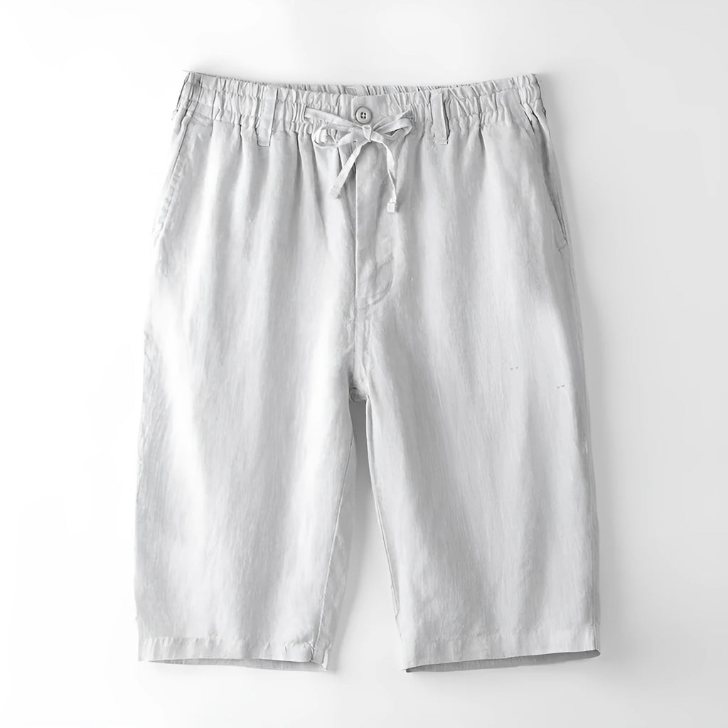 Men's thin linen casual trousers in a loose, straight-leg beach capri style, shown in multiple colour options.