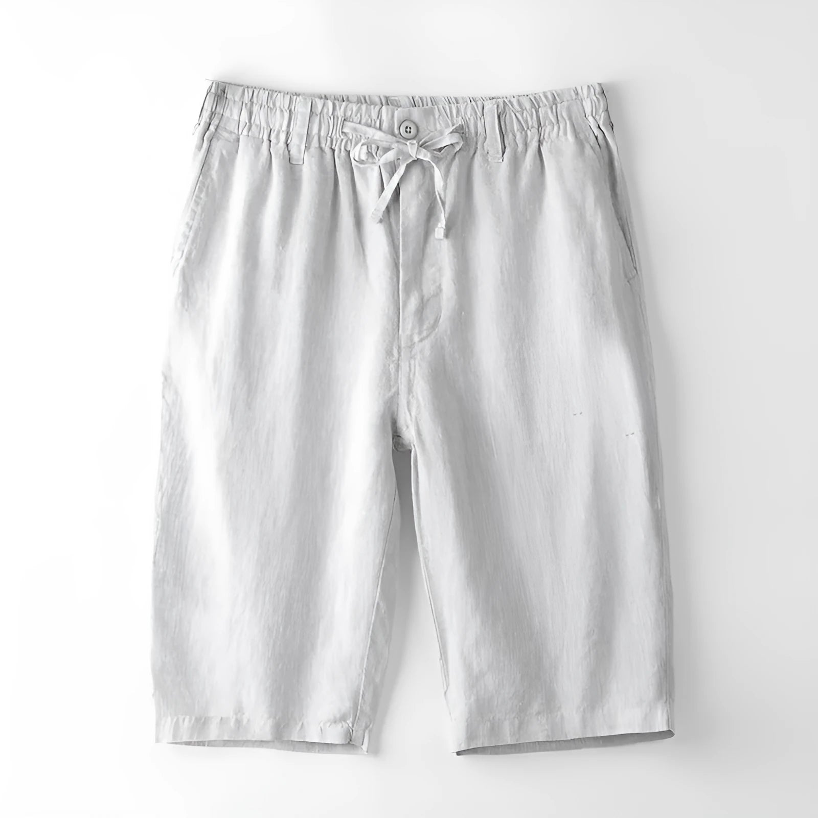 Men's thin linen casual trousers in a loose, straight-leg beach capri style, shown in multiple colour options.