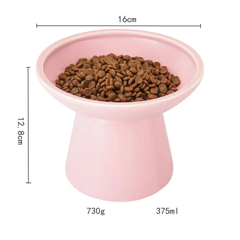 Ceramic elevated cat bowl in blue with wide shallow design for whisker fatigue relief