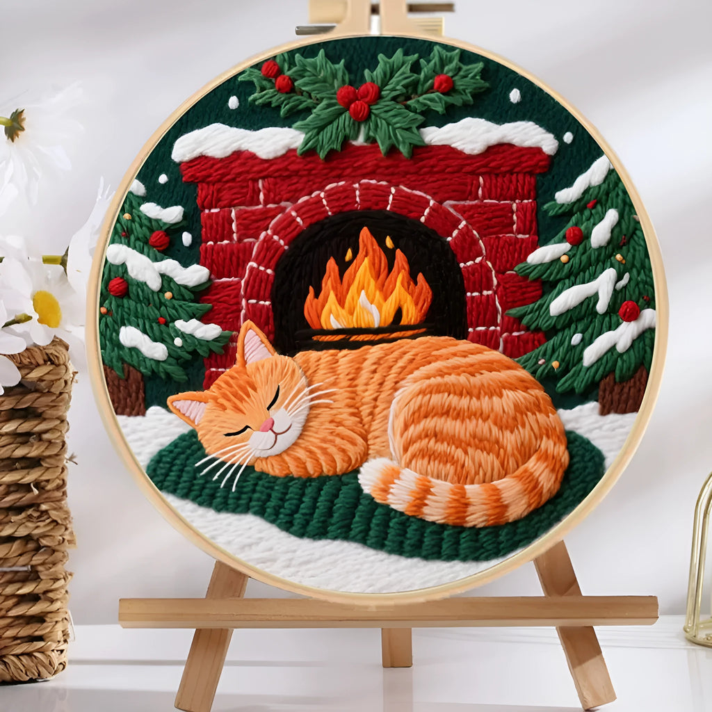 Cat-themed DIY embroidery kit showing Autumn Fruit pattern on cotton linen fabric with optional bamboo frame and scissors.