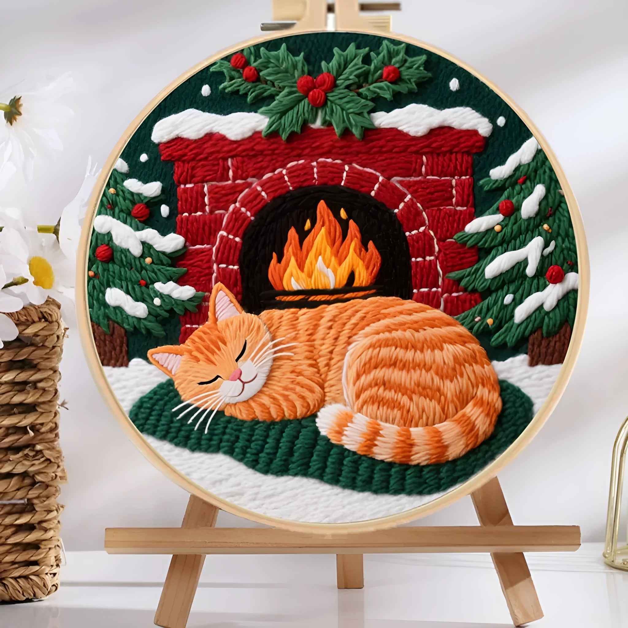 Cat-themed DIY embroidery kit showing Autumn Fruit pattern on cotton linen fabric with optional bamboo frame and scissors.