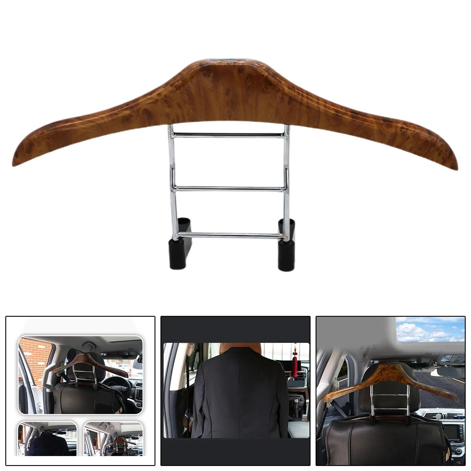 Wood yellow stainless steel car mounted clothes hanger with detachable hook for suits and shirts.
