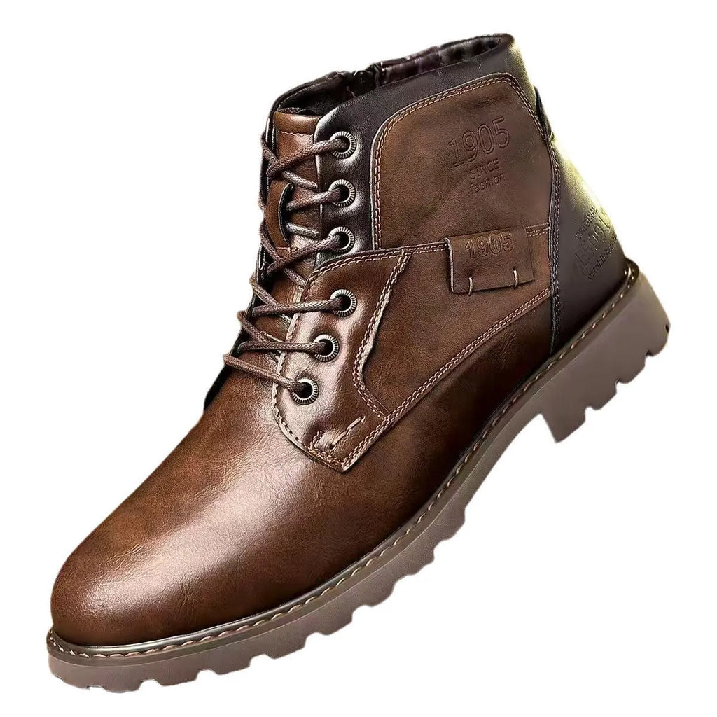 Men's brown ankle boots with side zip fastening and round toe design on rubber sole