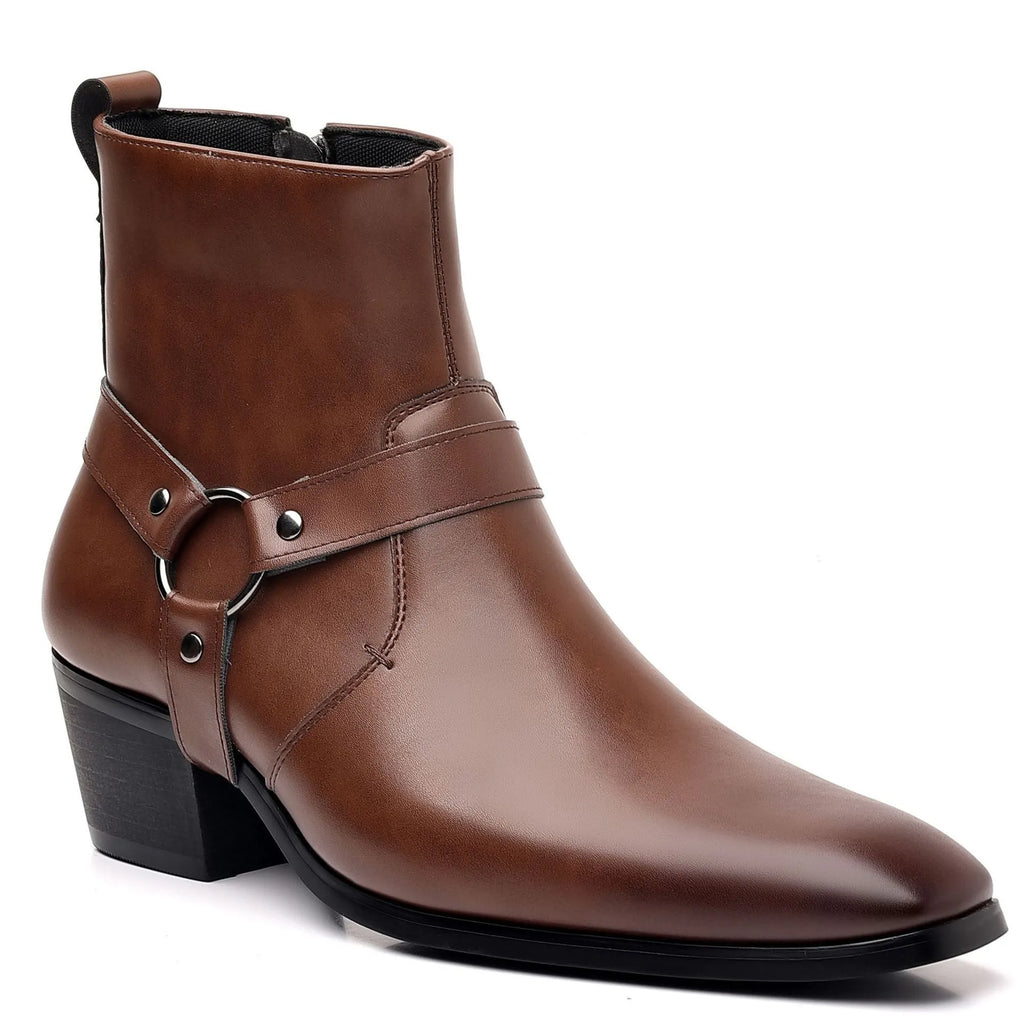 Unisex chain ankle boots with side zip and square toe in black and dark brown colours