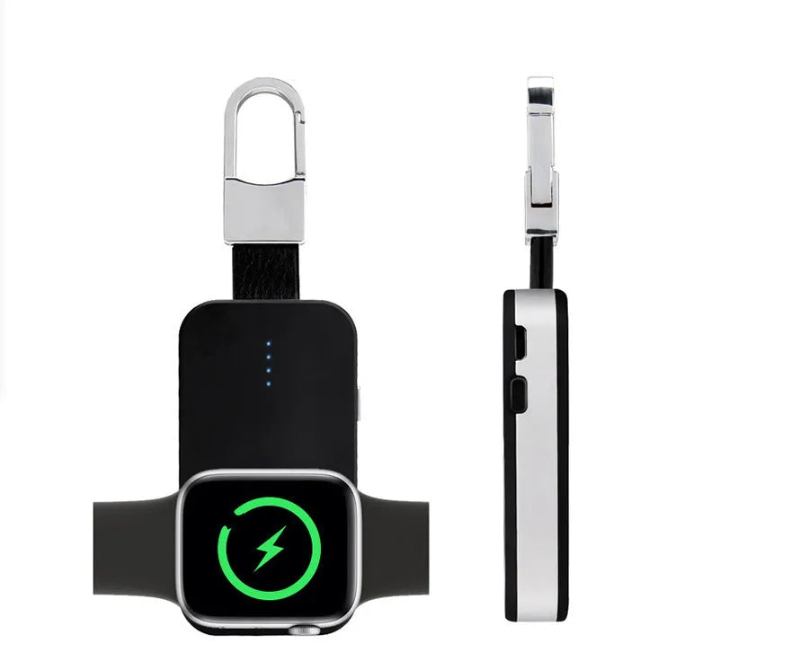 Black Apple Watch wireless charging power bank on a keychain, showing compact size.