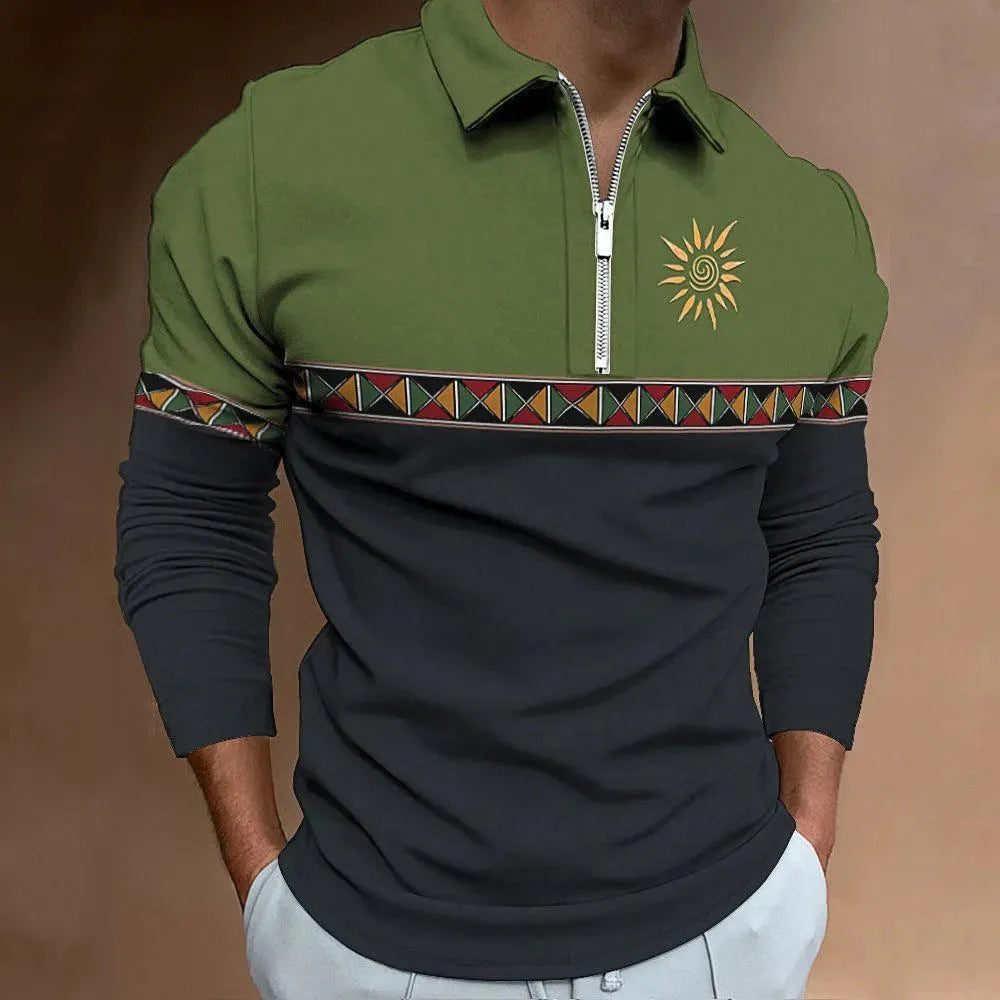 Men's retro striped polo shirt with zip decoration in loose fit for golf