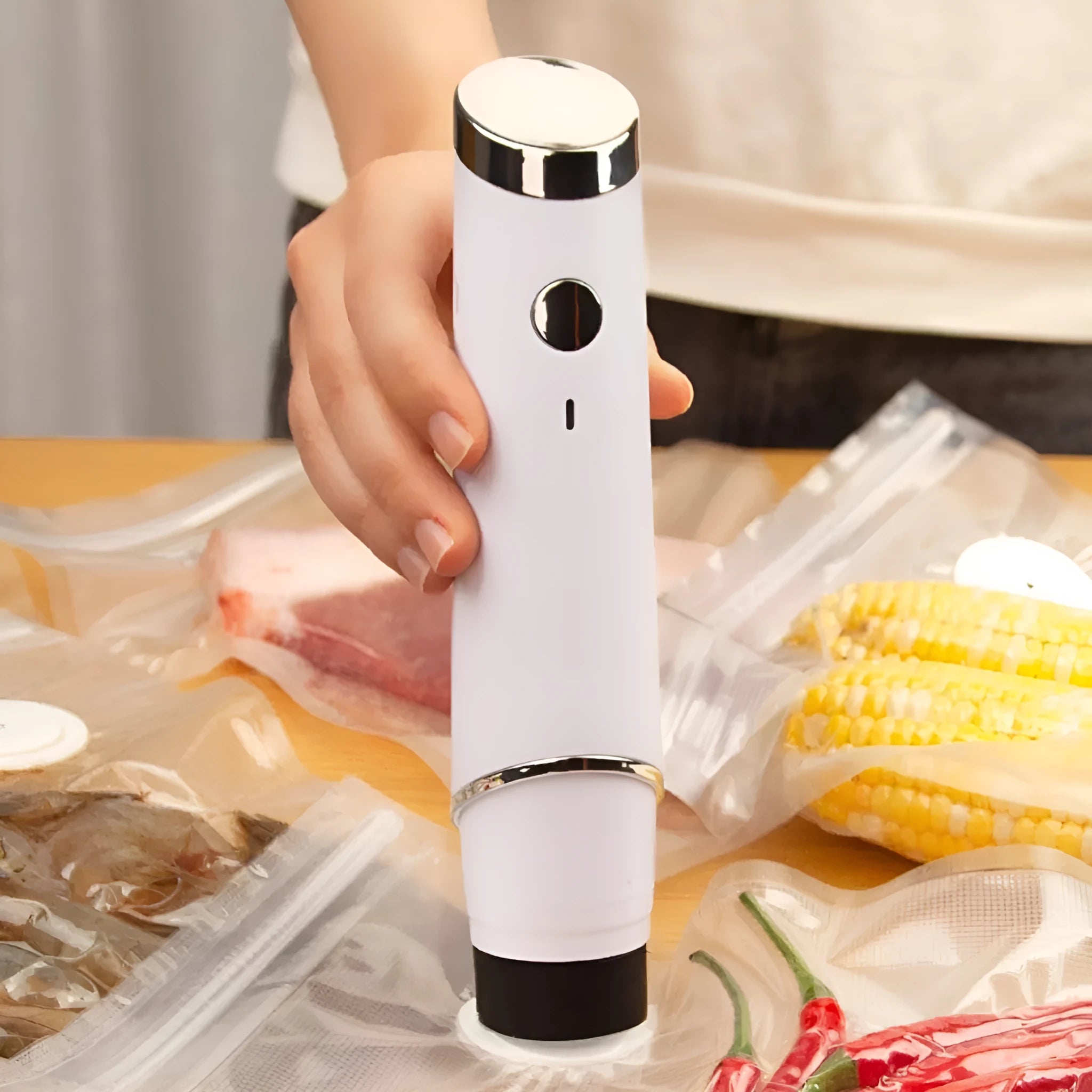 White USB electric suction pump and five clear plastic vacuum storage bags with zipper seals for food preservation.