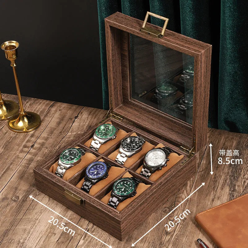 Household portable retro wood grain PU leather watch storage box with soft pillows, MDF shell, and glass finish