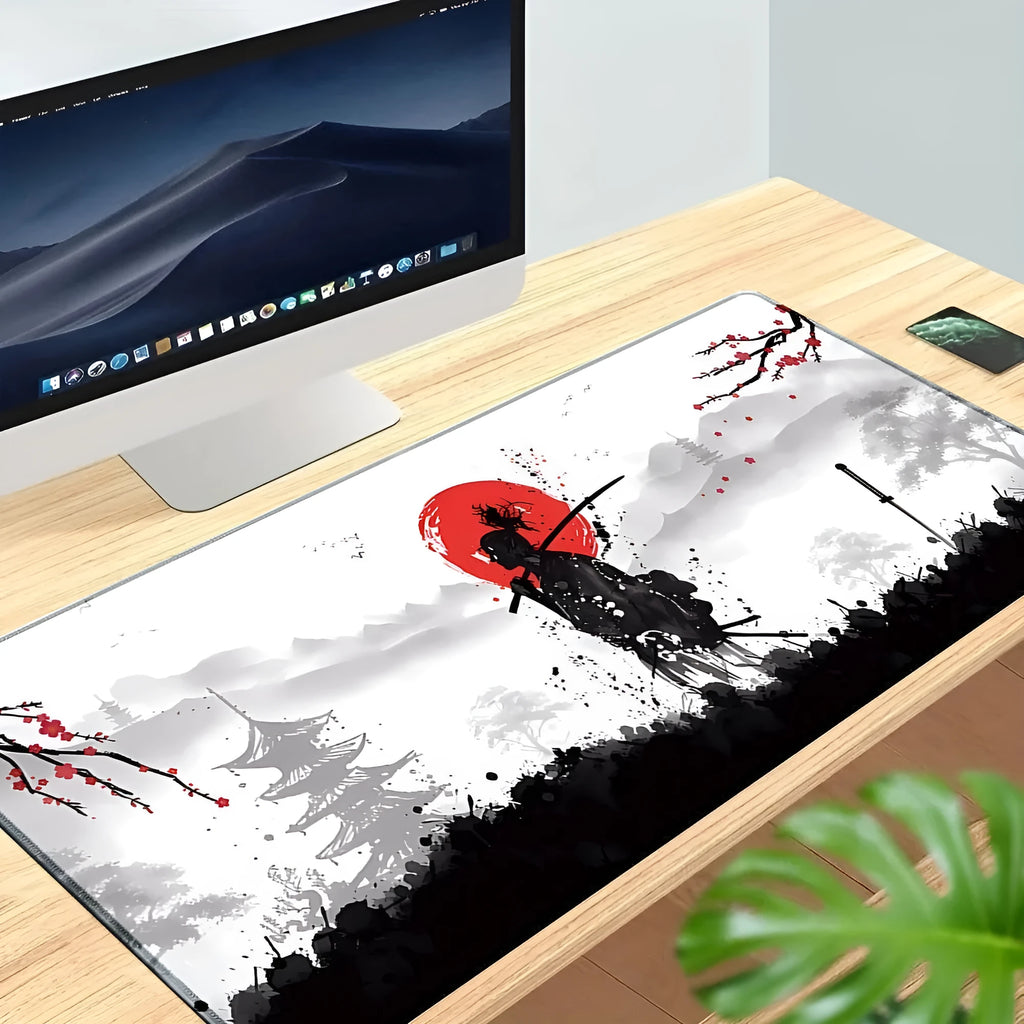 Japanese samurai themed cloth gaming mouse pad with non-slip base on a desk.