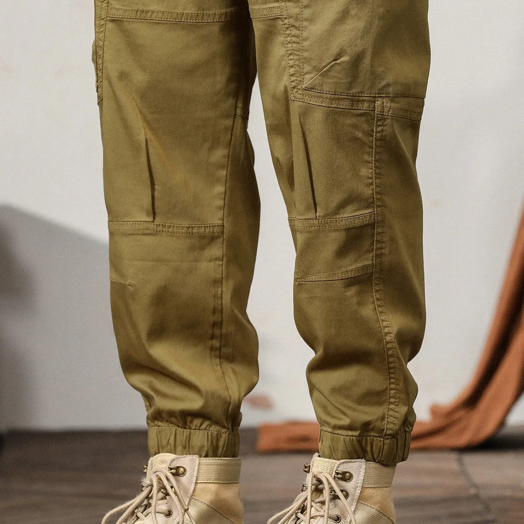 Men's khaki cotton retro overalls with tapered harem style and ankle banded legs