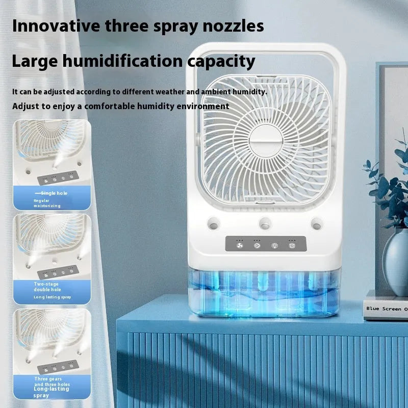 White USB rechargeable portable air cooler with water tank, adjustable head, and colourful night lights on a desk.