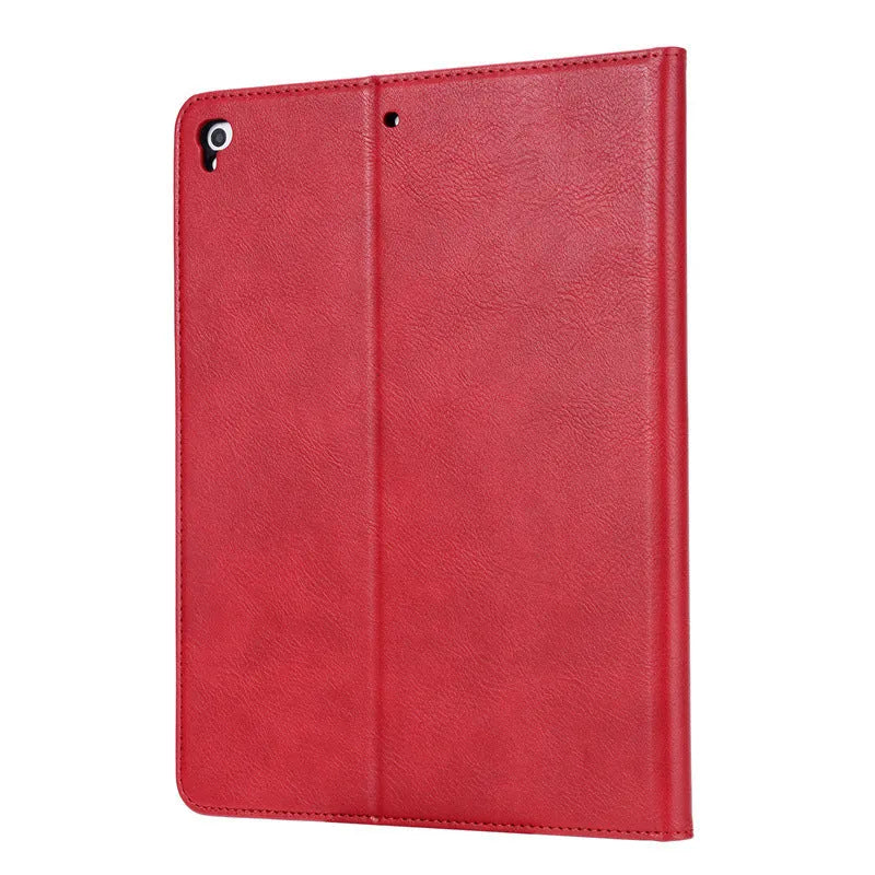 Classic kneading imitation leather iPad flip protective cover in black, open and closed.