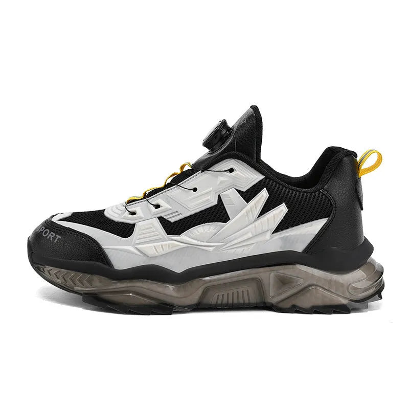 Men's black rotating button casual dad shoes with mesh upper and platform sole