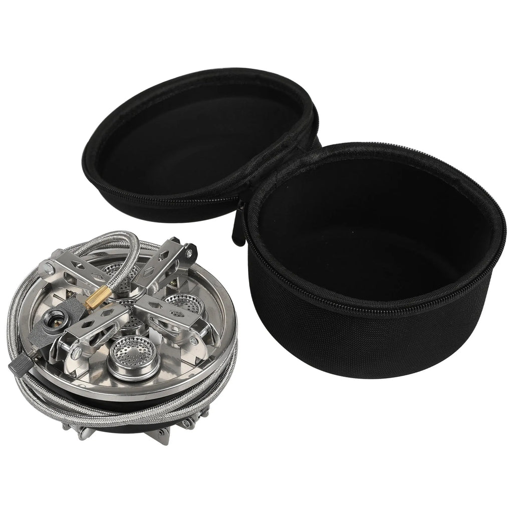 Silver portable split camping stove with stainless steel burner and long hose, shown folded.