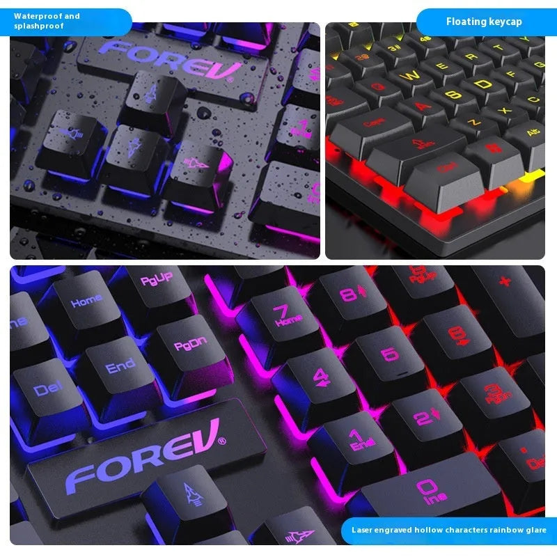 Black portable gaming keyboard with 104 backlit keys and matching mouse