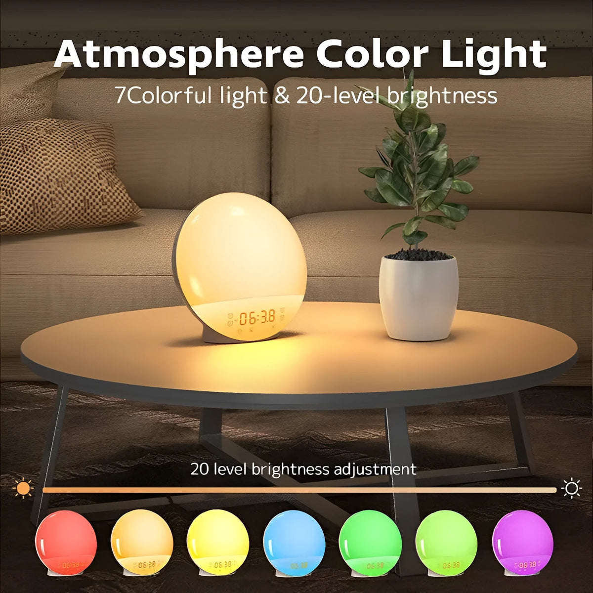 Colourful ambient light bedside lamp with white noise and alarm clock, modern simplicity style, 165 x 70 mm