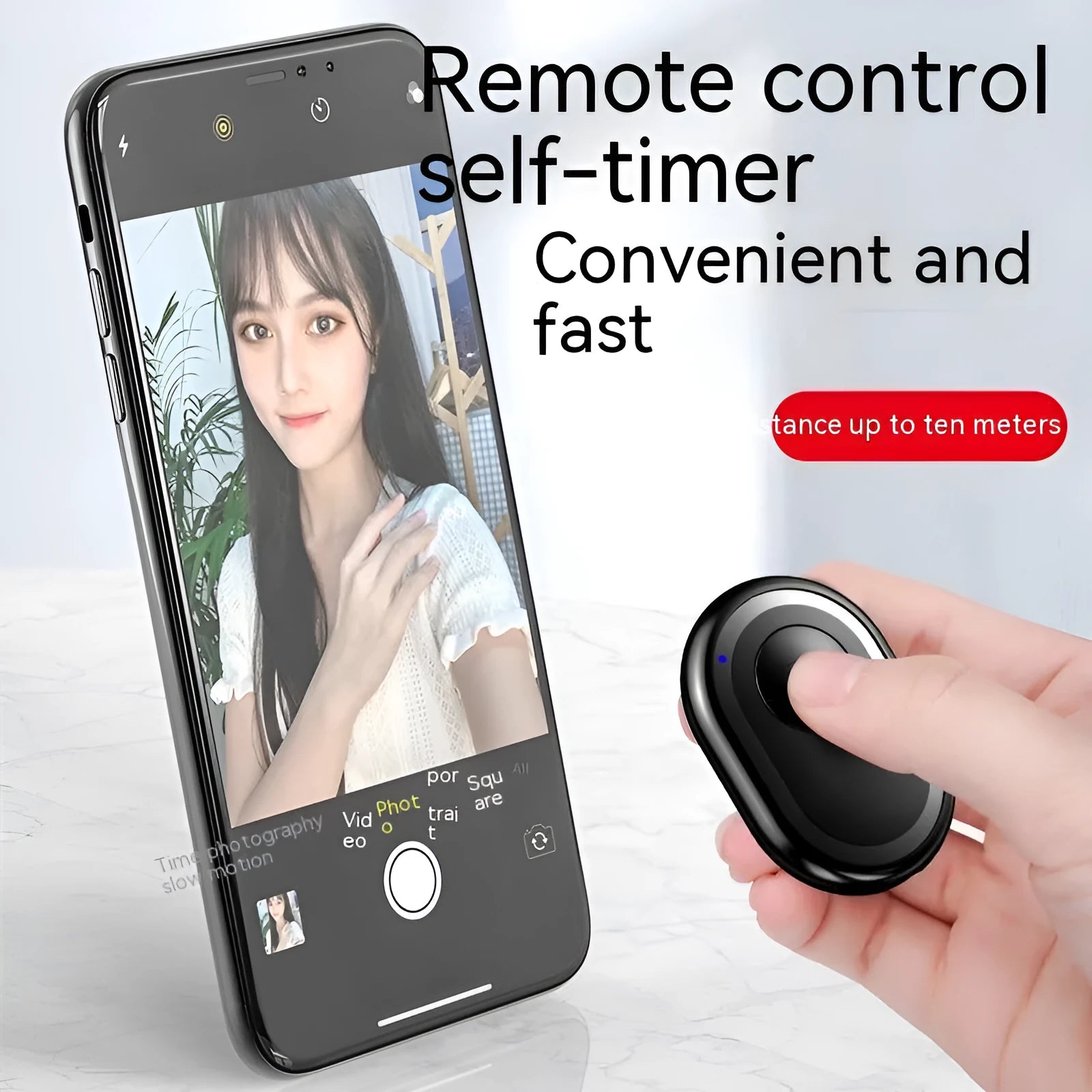 Compact black wireless Bluetooth remote control for smartphone camera photography