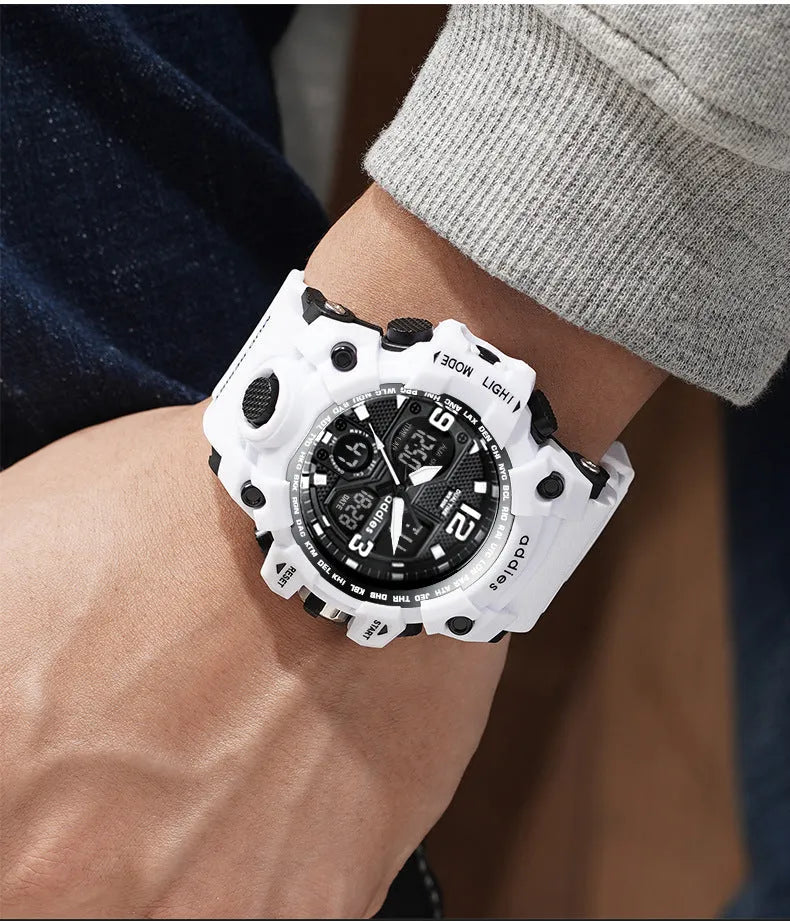 Men's electronic sports watch with dual analogue and digital display showing black plastic case and strap