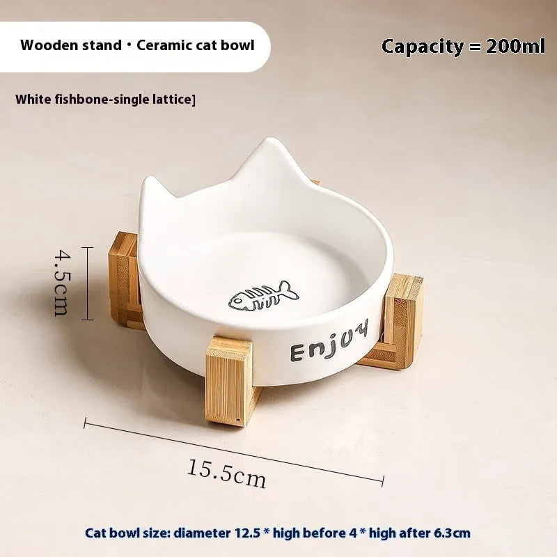 Porcelain cat food and water bowl set with wooden anti-tumble frame in various colours