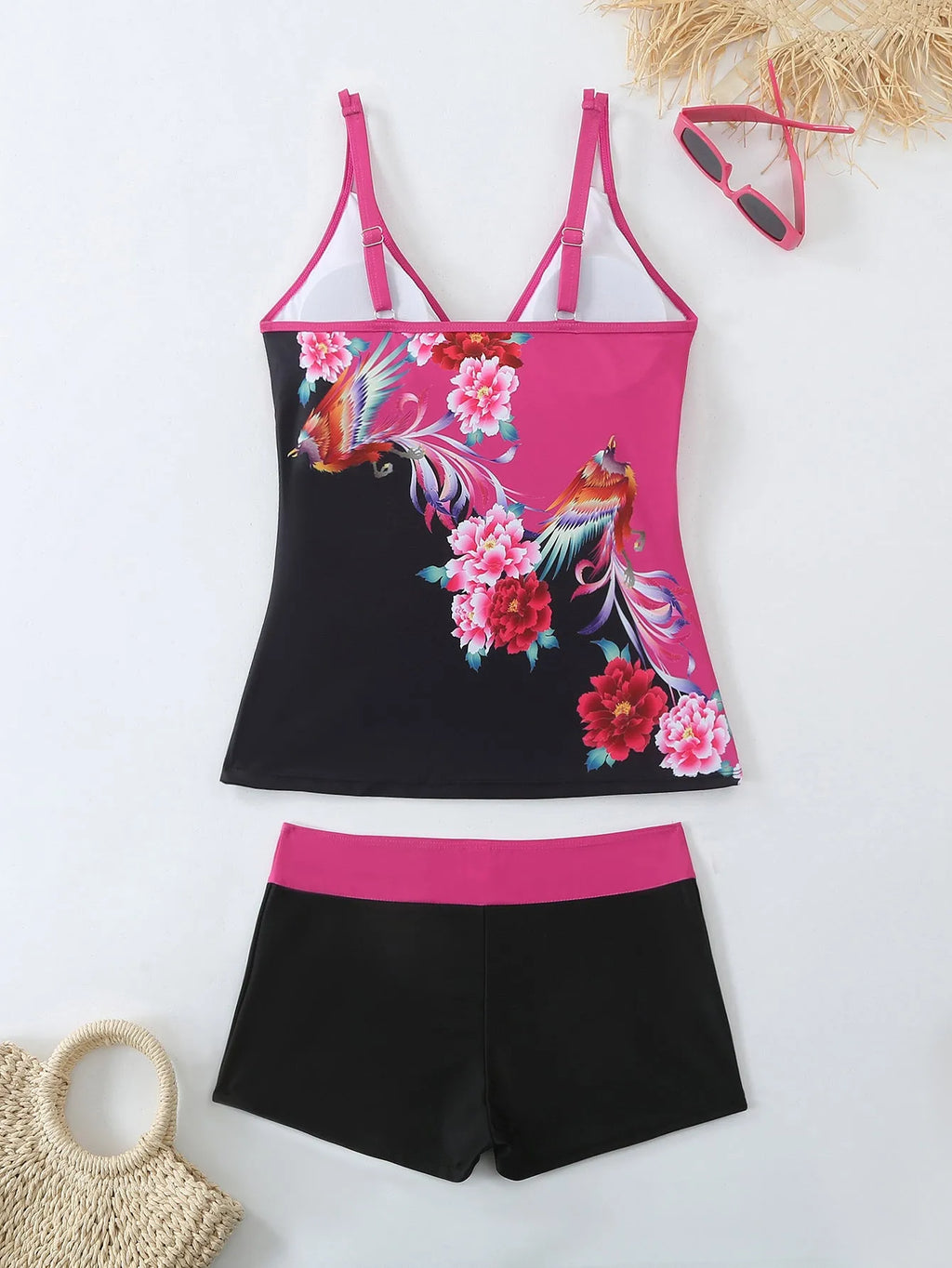 Plus size women's printed swim briefs in black or rose red with a cotton lining.