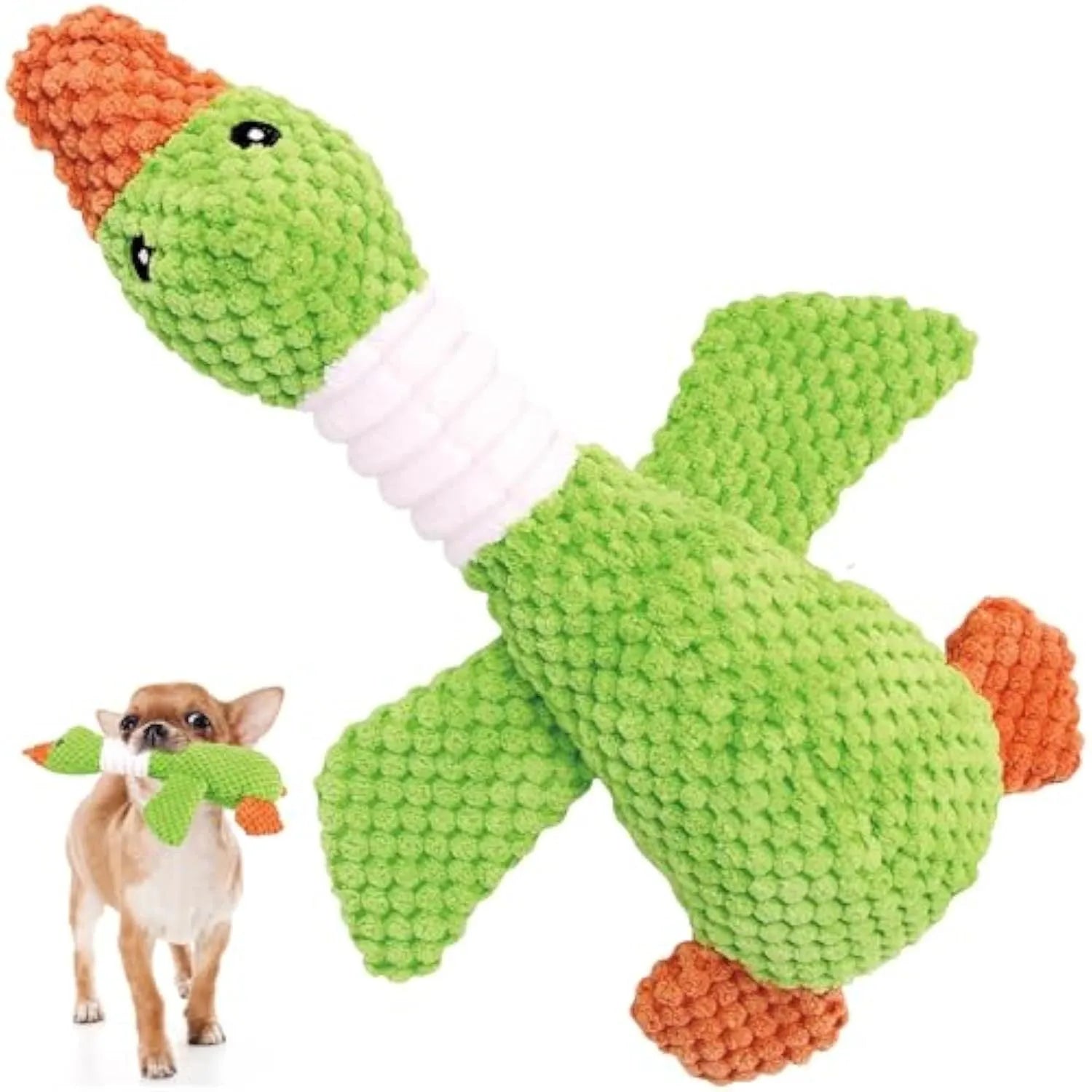 Blue duck plush dog toy with squeakers for large breed dogs on white background