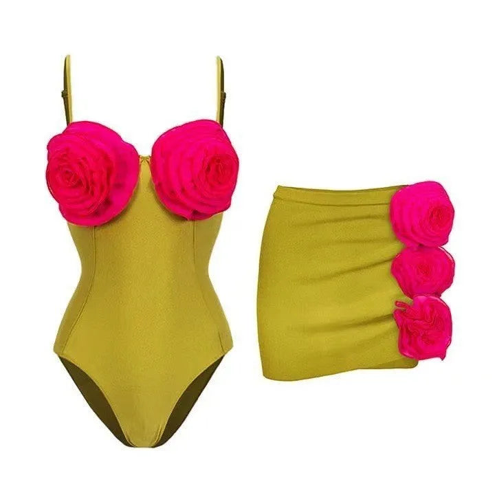 Women's solid colour one-piece swimsuit with French bikini cut and optional matching skirt.