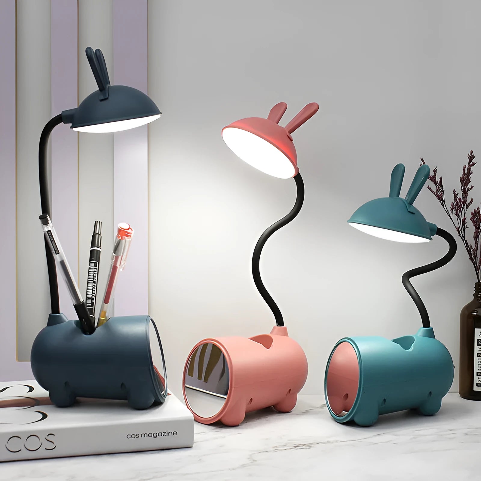 Cartoon USB desktop table lamp with pen container in green colour showing dimensions