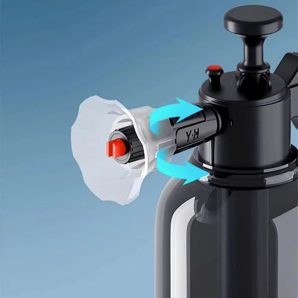 2L black manual car wash foam spray bottle with fan nozzle and watering nozzle on white background