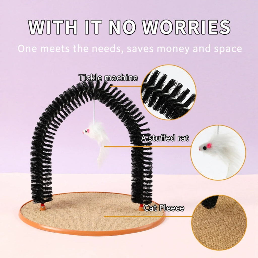 Black arch-shaped cat scratching post with anti-itch brush, non-slip base, and attached mouse toy