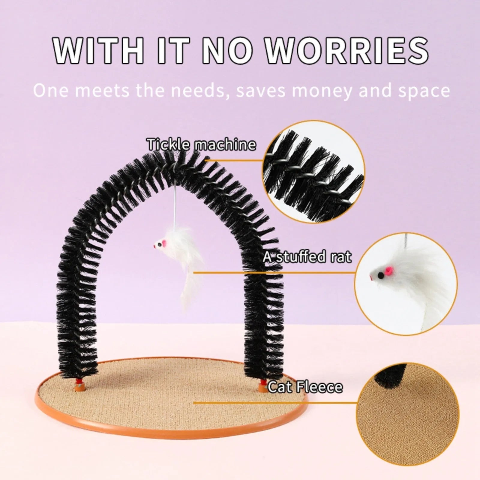 Black arch-shaped cat scratching post with anti-itch brush, non-slip base, and attached mouse toy