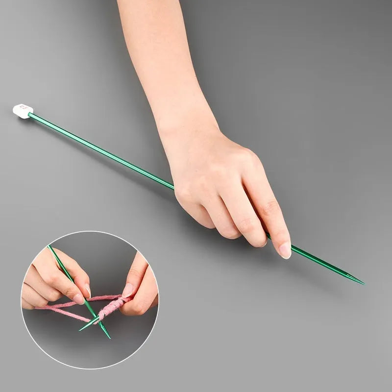 Set of lengthened crochet hooks with protective caps, showing hooks in various metric sizes from 2.0mm to 10.0mm.