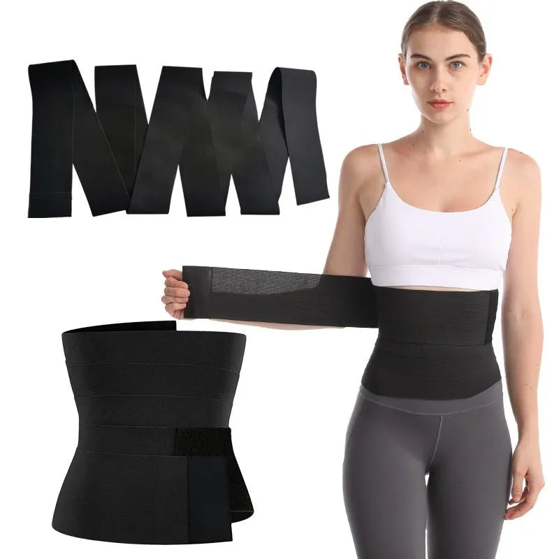 Women's black waist trainer exercise restraint belt showing its 10cm width and long length.