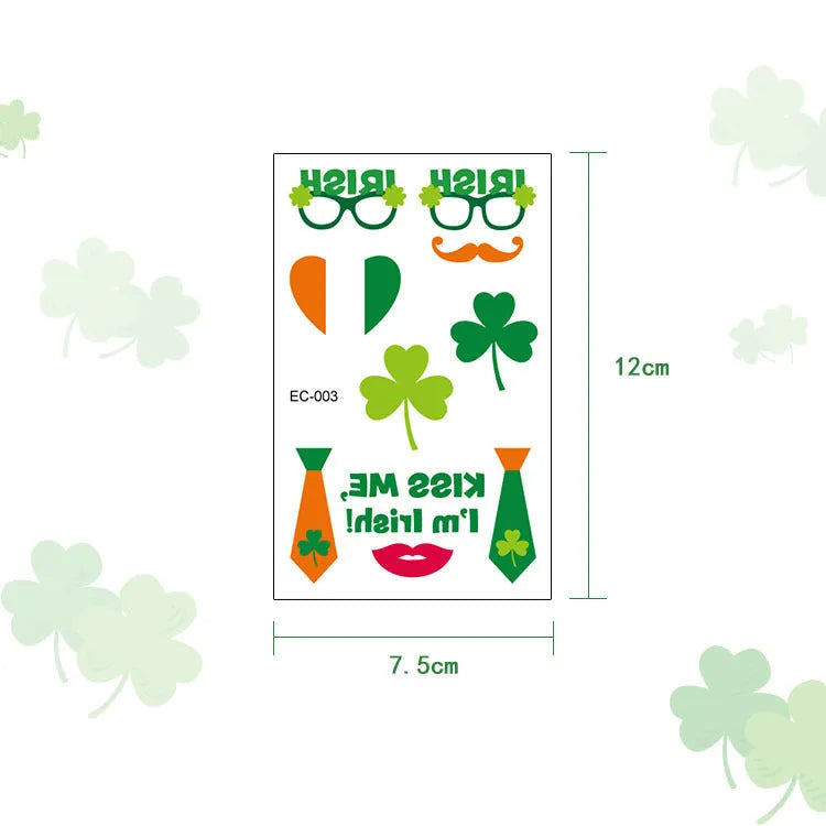 Sheet of temporary Irish flag and clover tattoo stickers for St. Patrick's Day, size 120mm by 75mm.