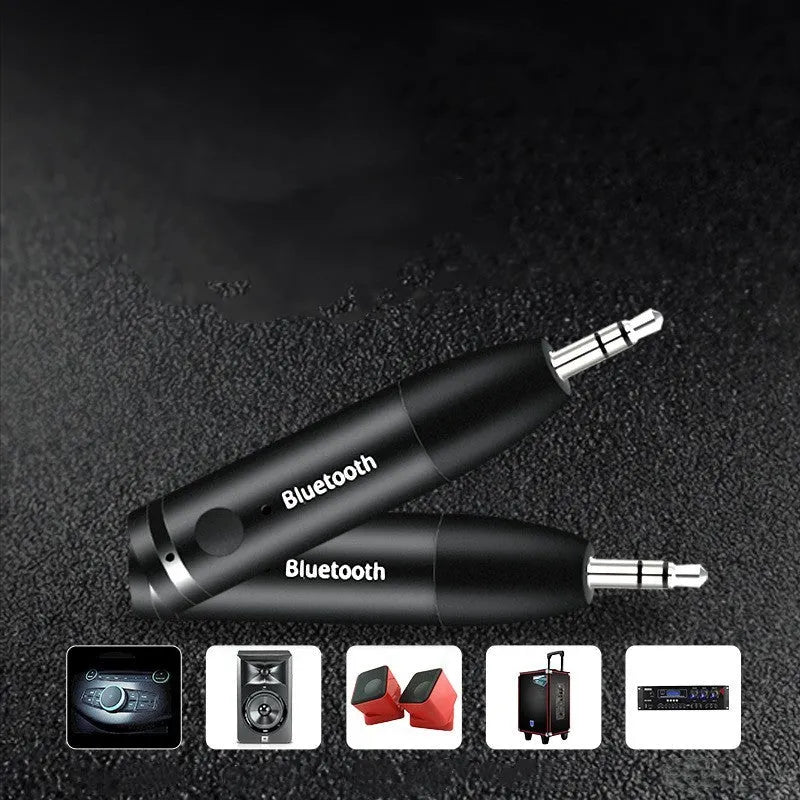 Black Bluetooth audio receiver with 3.5mm aux jack for car stereo wireless music streaming