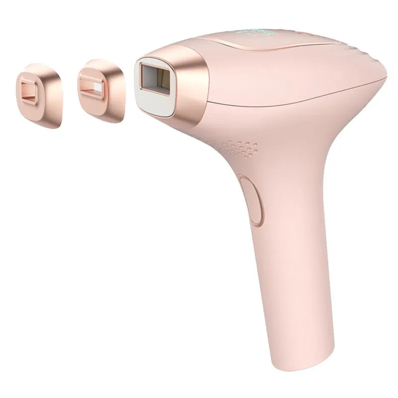 Pink and white laser hair removal device with ice-sensing technology and shaver attachment