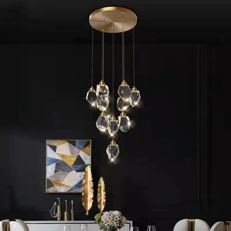 Duplex stair long crane crystal chandelier ceiling lamp with dimmable three-colour lighting