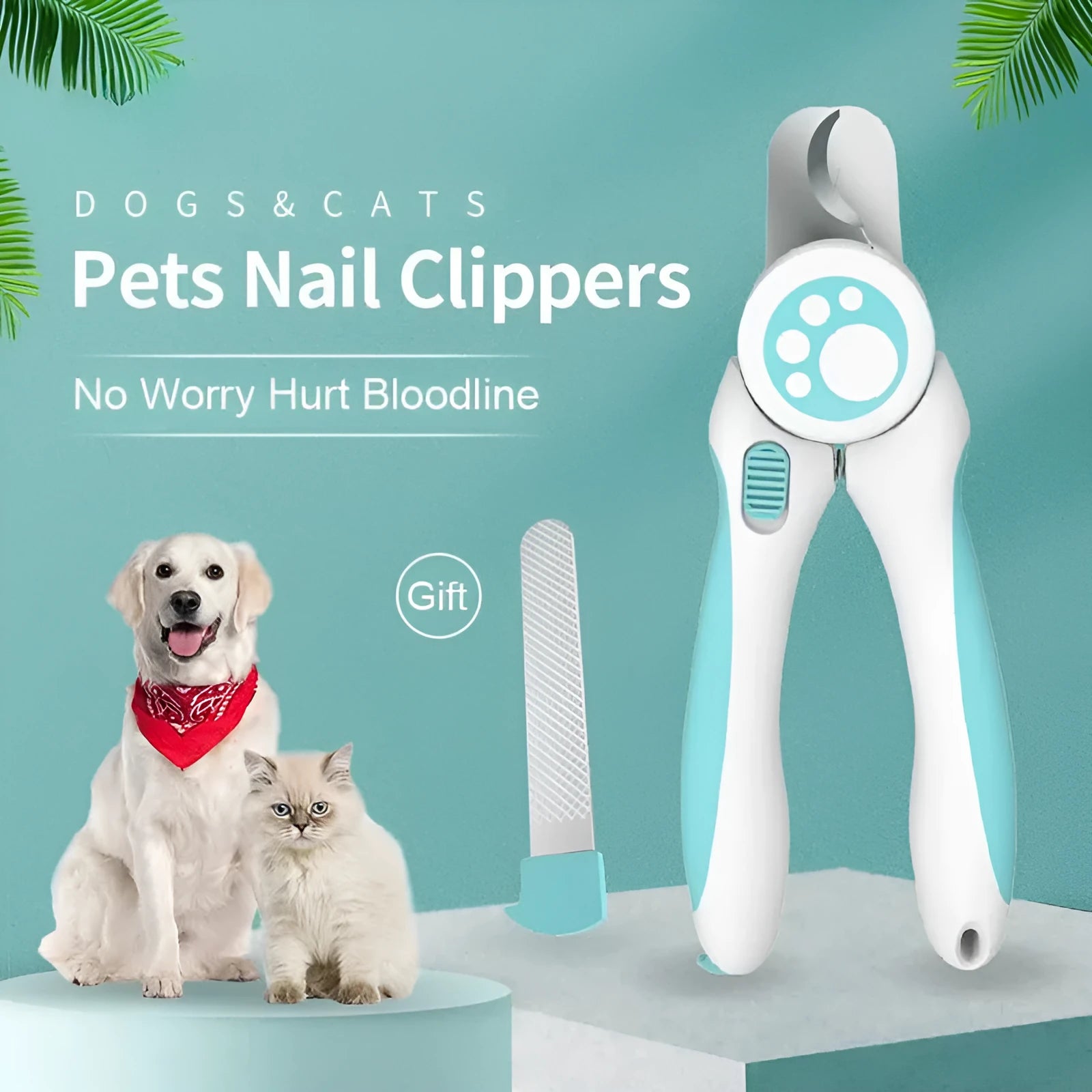 Blue and white pet nail clippers with safety stop for dogs and cats