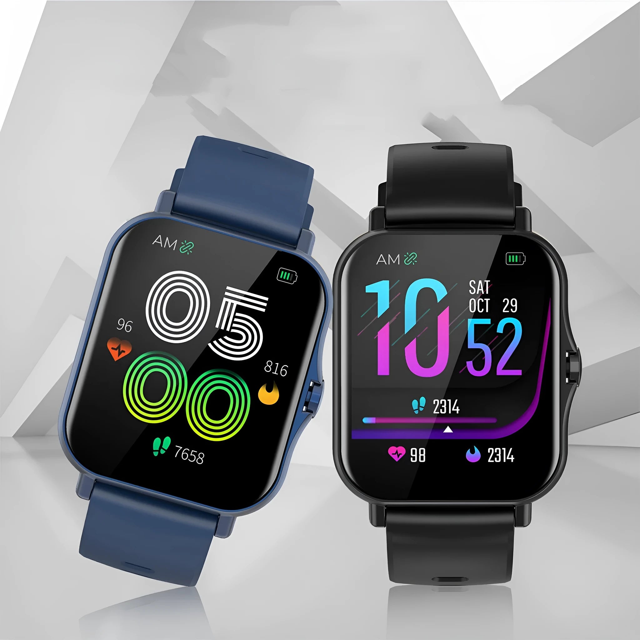 Smart watch on wrist showing heart rate and blood pressure display on its curved touch screen.