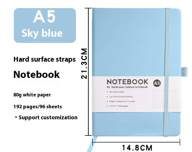 A5 diary with soft PU leather cover in a skin feeling texture, open to show horizontal line pages.