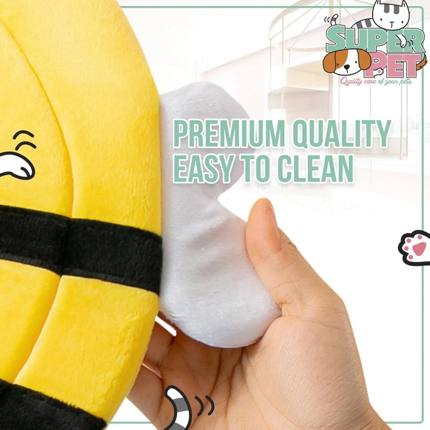 Soft bee design cat cone collar showing adjustable Velcro closure and protective shape